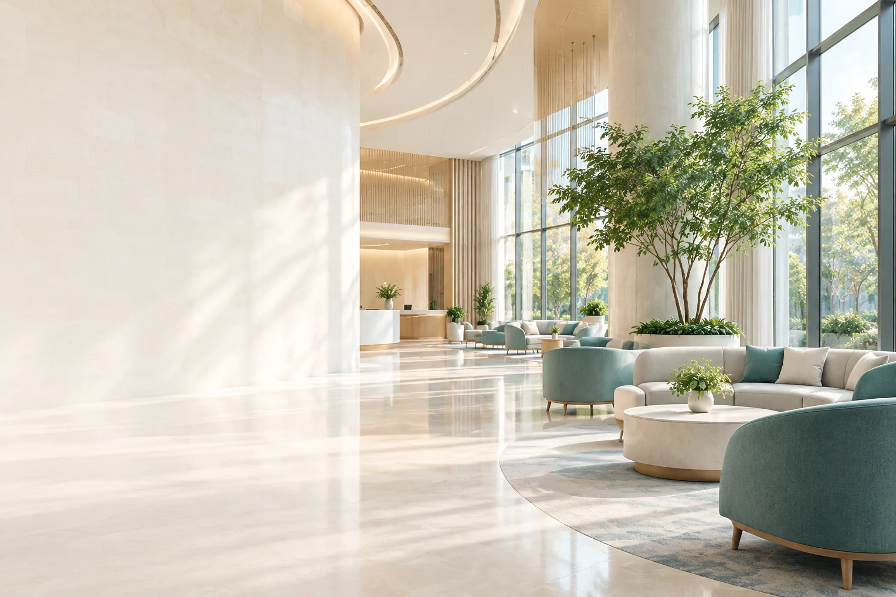 Concept illustration of a contemporary medical reception, not a specific hospital